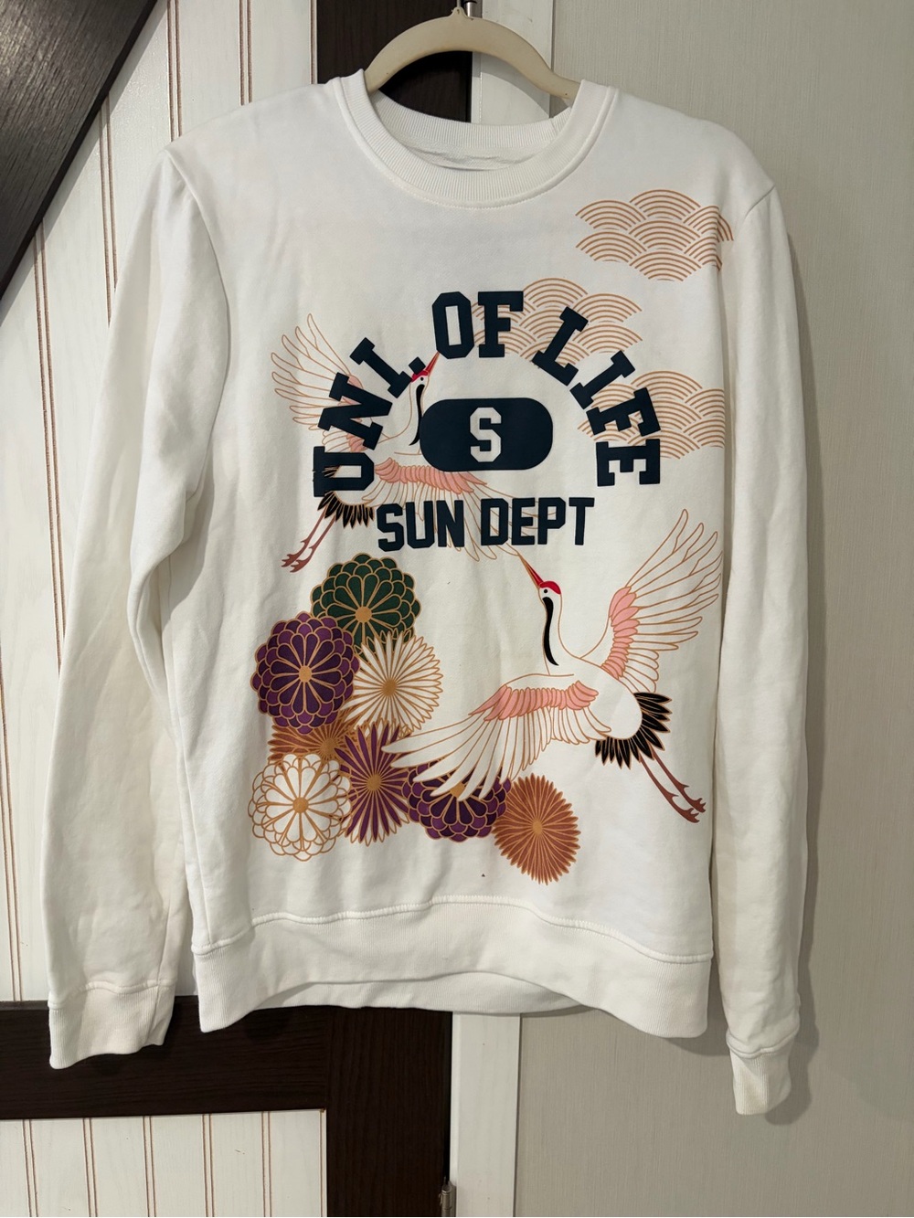 Blind Rooster Womans Sz M White Pink Crane Floral Univ Of Life Sweatshirt